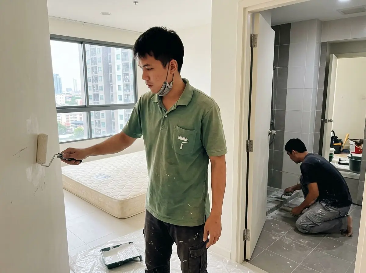 ทาสีเก็บงานในห้องนอนขณะที่ห้องน้ำกำลังเซาะยาแนวเก่า